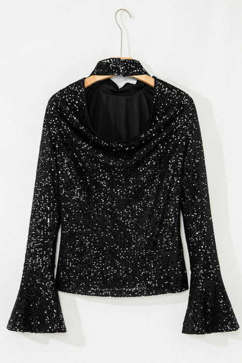Sequin Mock Neck Drape Open Back Bell Sleeve Lined Top